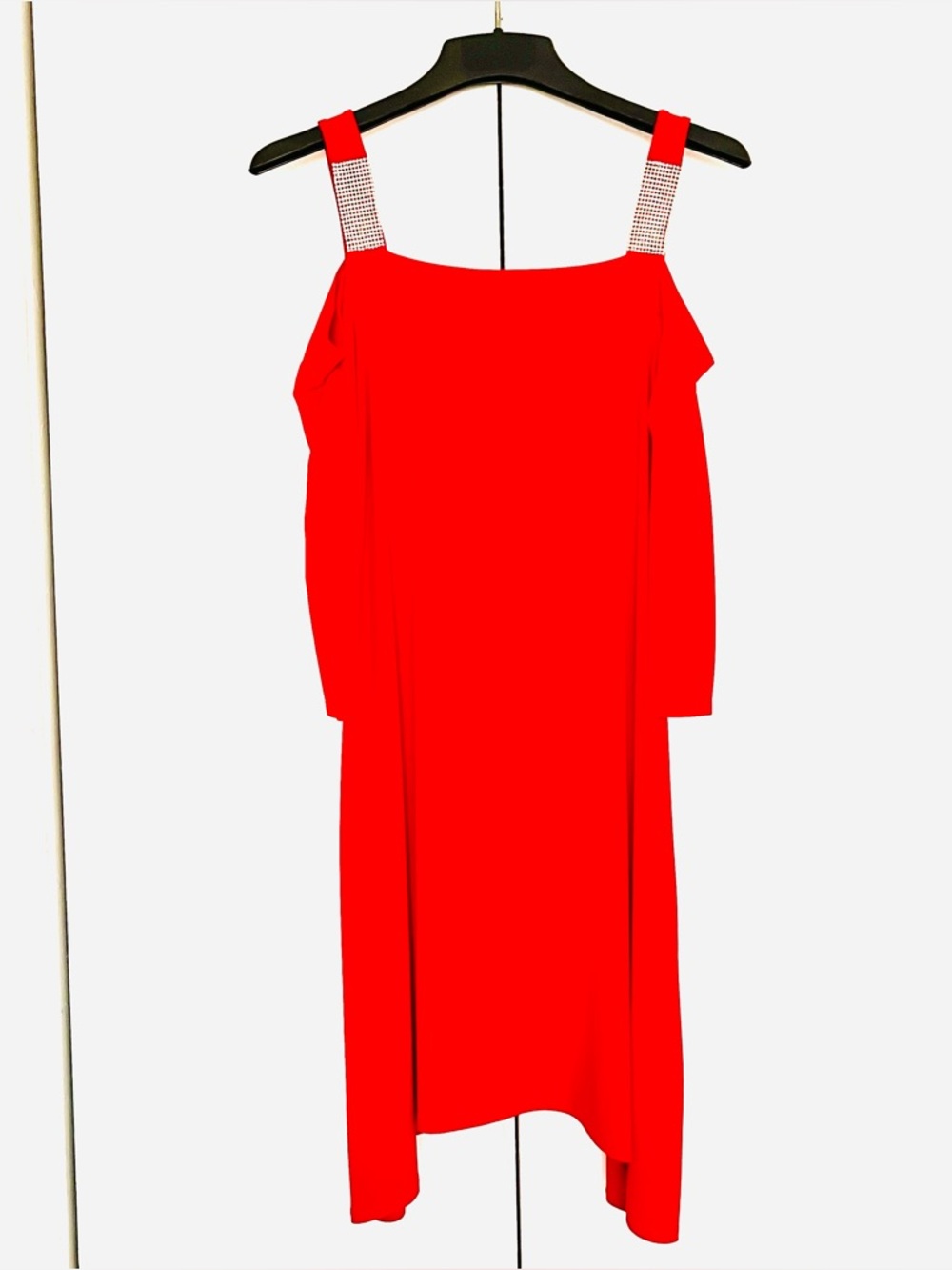 MSK Red One-Shoulder Midi Dress with Rhinestone Straps